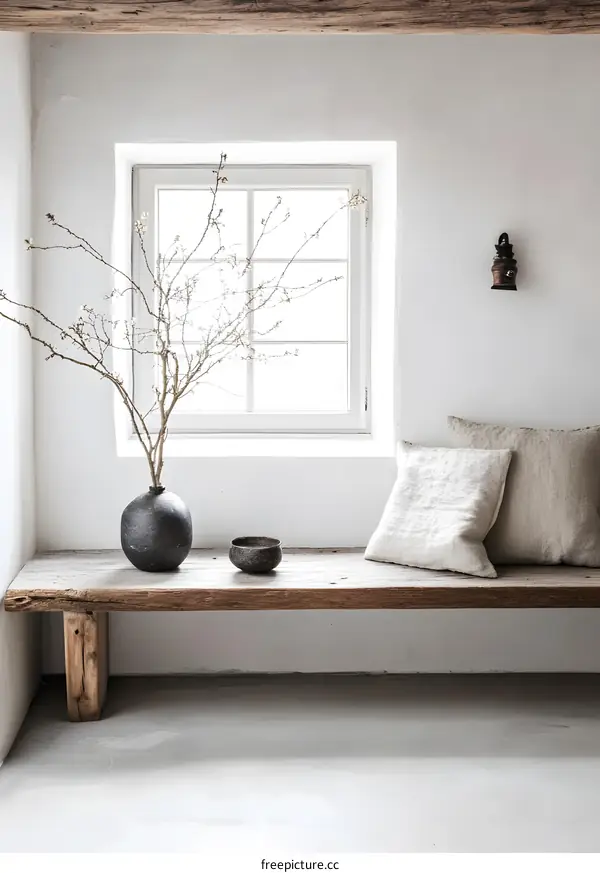 Minimalist Home Decor With White Walls And Wooden Bench
