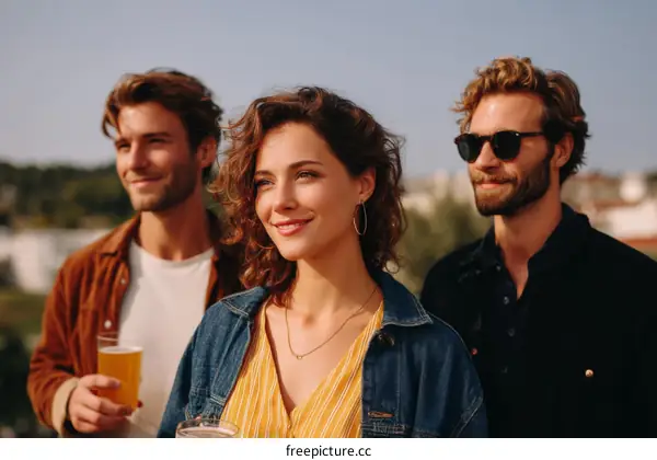 Three people enjoy a rooftop drink together