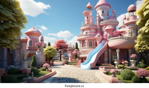 A Pastel Pink Castle with a Blue Slide
