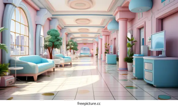 A retro futuristic hospital interior with pink and blue pastel colors
