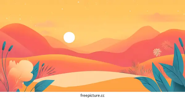 Sunset Landscape Illustration with Mountains and Flowers
