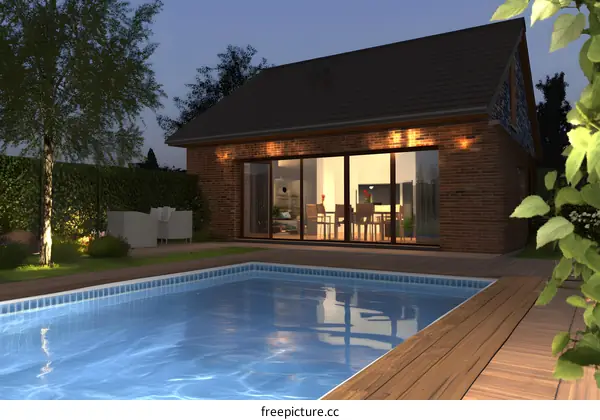 Modern House with Swimming Pool at Night