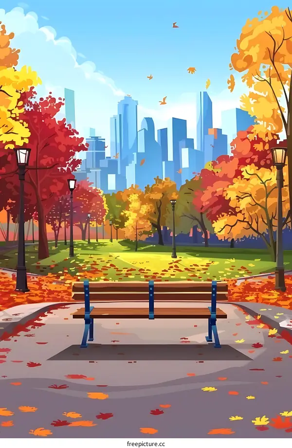 Autumn Park Bench with City Skyline in Background