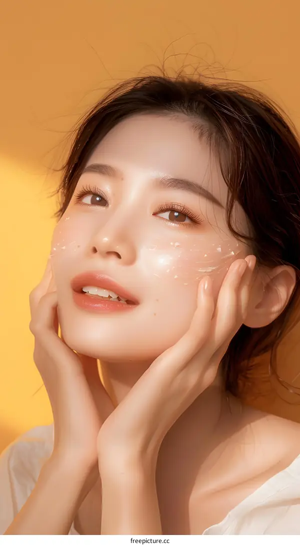 Beautiful Asian Woman Applying Face Cream with Yellow Background