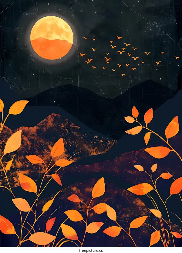 Orange Leaves Illustration with Night Sky and Moon