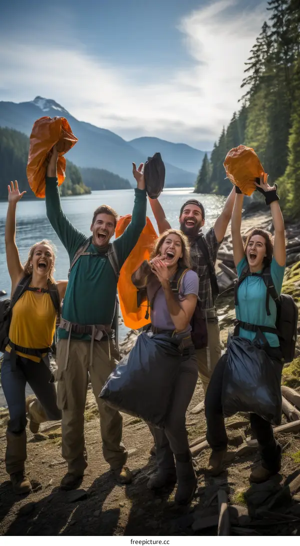 A group of volunteers celebrate cleaning up a lake