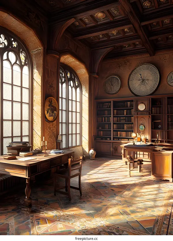 Elegant Vintage Library Interior With Wooden Bookcases and Antique Clocks