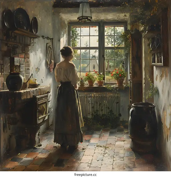 Woman Standing in a Country Kitchen Looking Out the Window