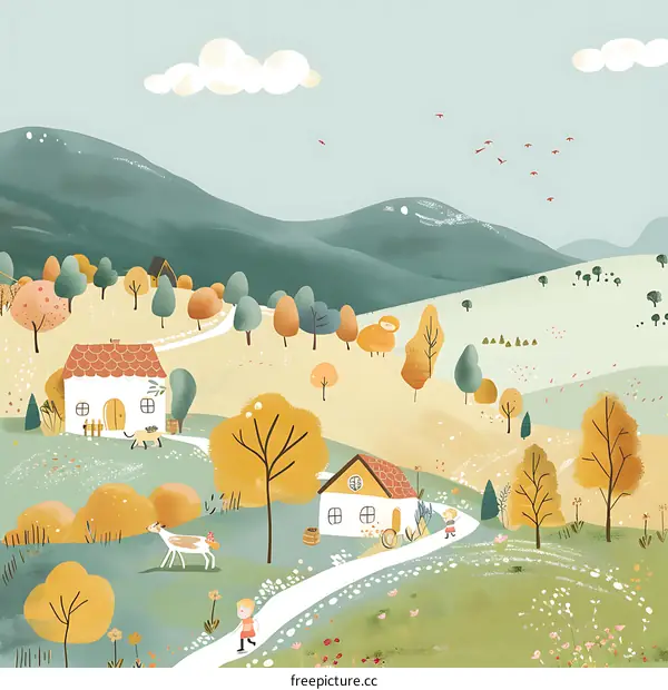 Cute Cartoon Illustration of a Countryside with Two Children and Houses