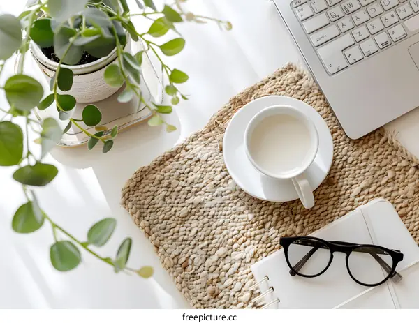 Minimalist Home Office Setup with Coffee and Notebook