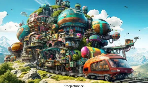 Futuristic city built on a mountainside with a train running through it