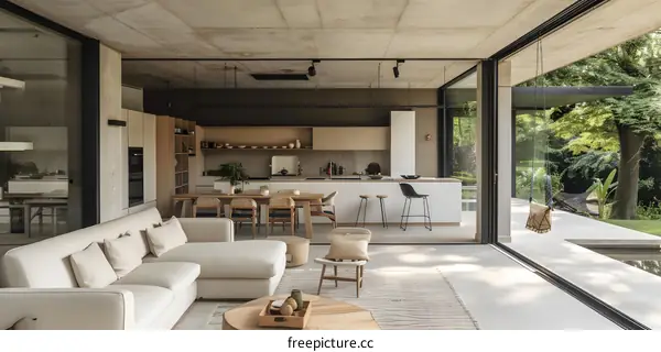 Modern Minimalist Home Interior Design With Open Floor Plan And Large Windows