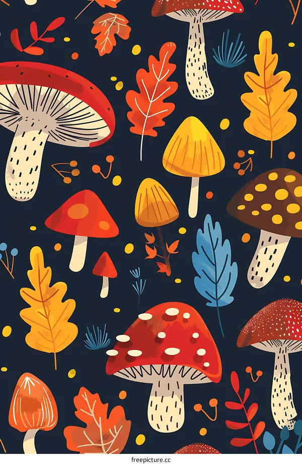 Colorful Autumn Mushroom Illustration Seamless Pattern