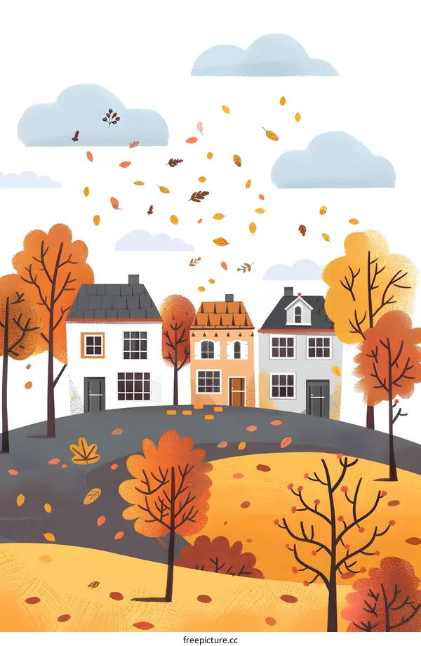 Autumn Village Landscape With Colorful Houses And Trees