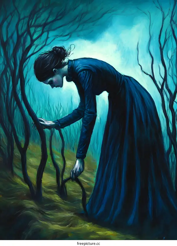 Woman in Blue Dress Reaching Out to Branches in a Dark Forest