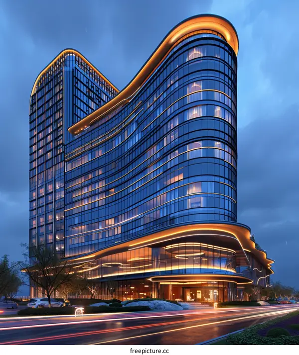 Modern Architectural Design of a Hotel Building at Night