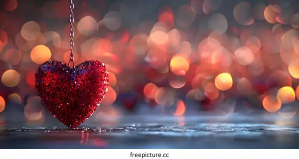 A red heart-shaped pendant with glitter