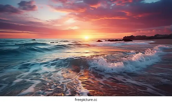 A beautiful sunset over the ocean with pink, blue, and purple sky