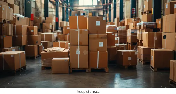 Large warehouse with cardboard boxes stacked on wooden pallets
