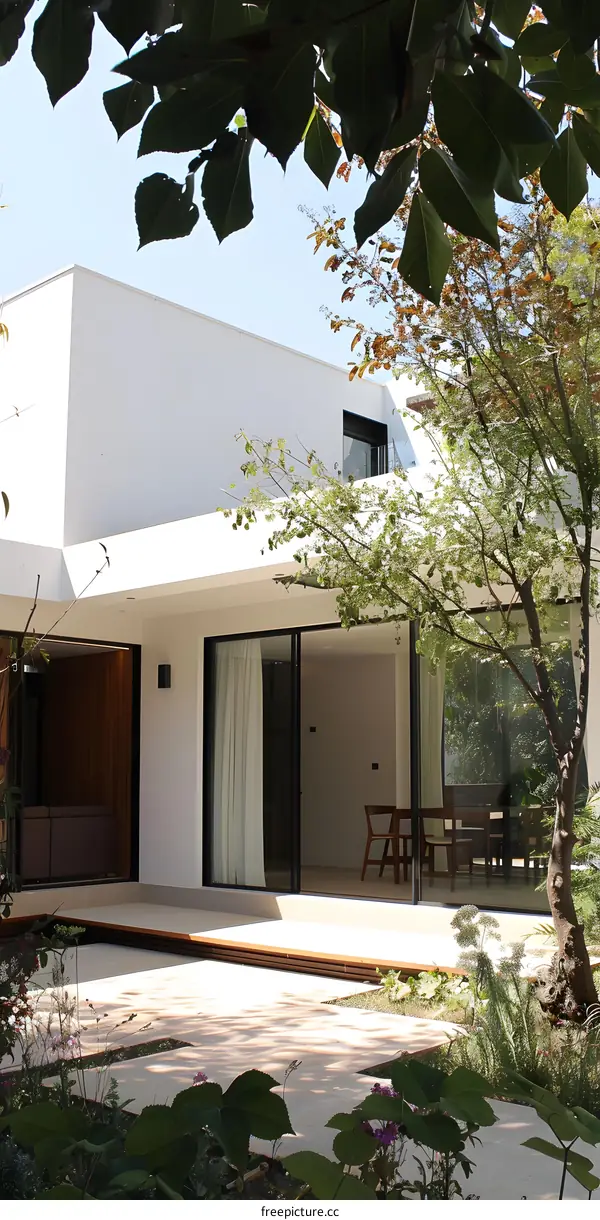 Modern White House With Green Plants