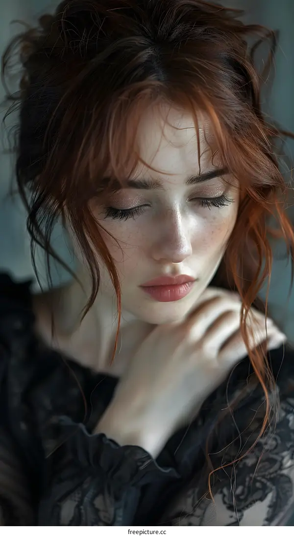 portrait of a beautiful redheaded woman in a black dress