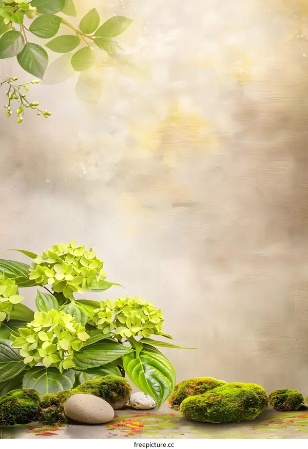 Green Hydrangea Flowers with Moss and Stones on a Beige Background