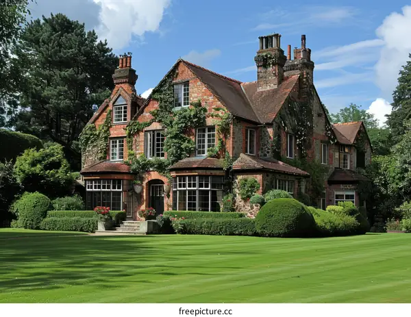 A large brick house with a lot of windows and a green lawn
