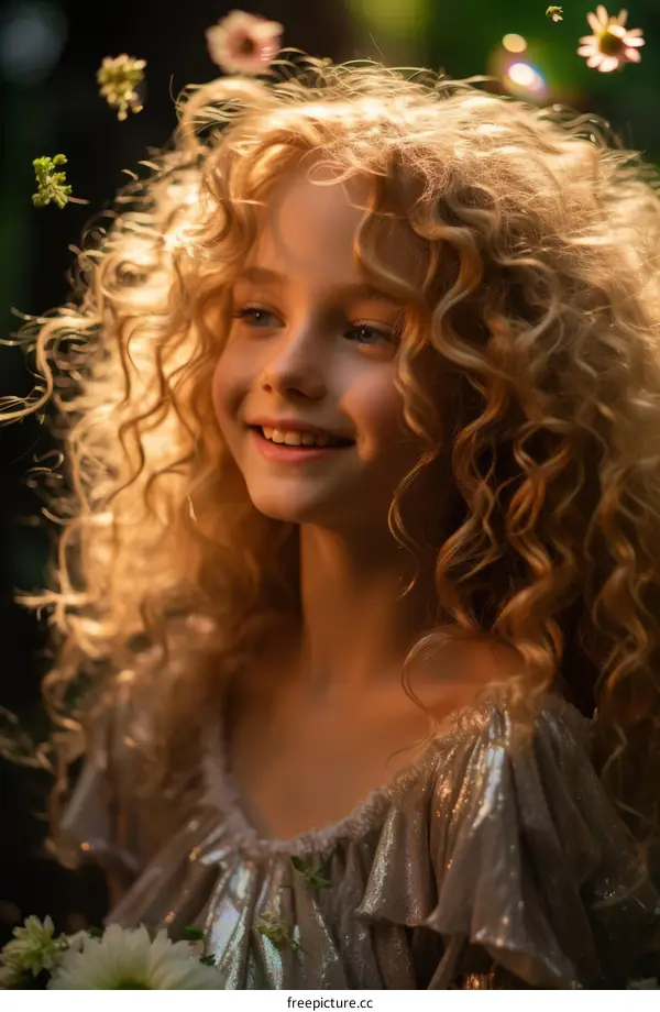 Portrait of a beautiful blonde girl with curly hair smiling happily in front of a dark background