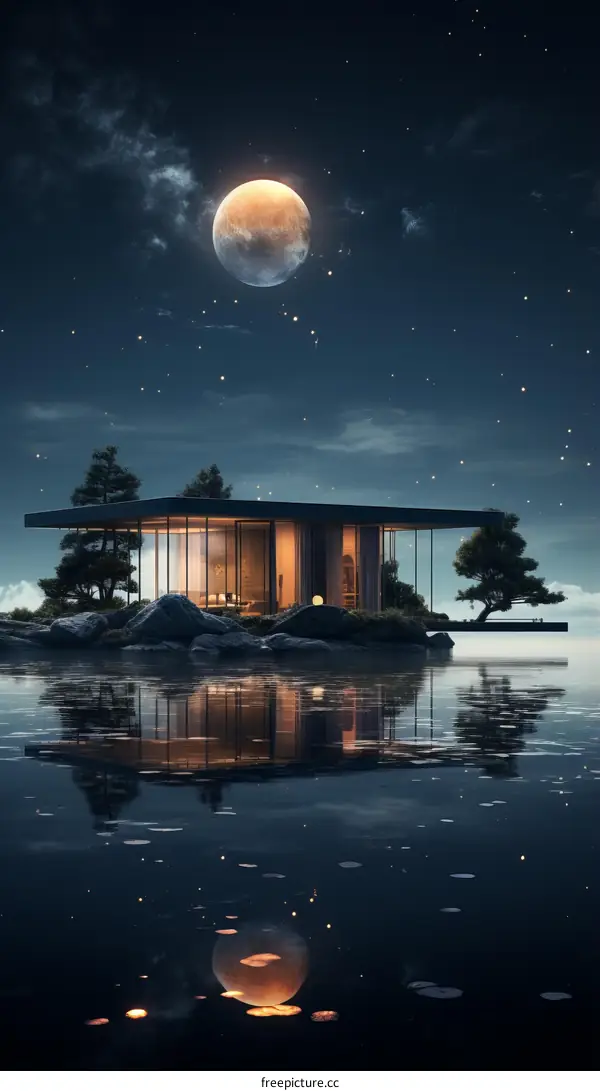 futuristic house on lake at night