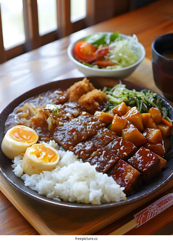 Japanese style curry with deep fried pork cutlet and vegetables
