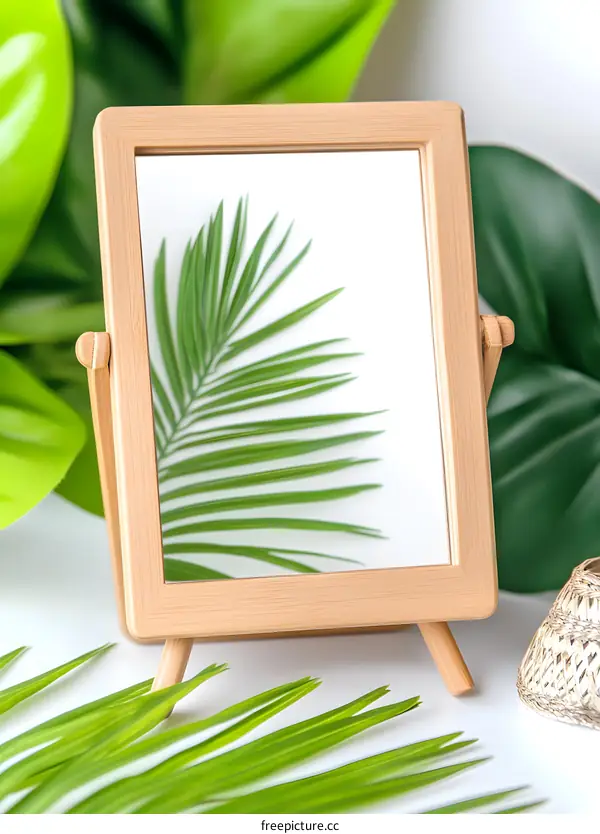 Wooden Frame Mirror with Palm Leaf Reflection
