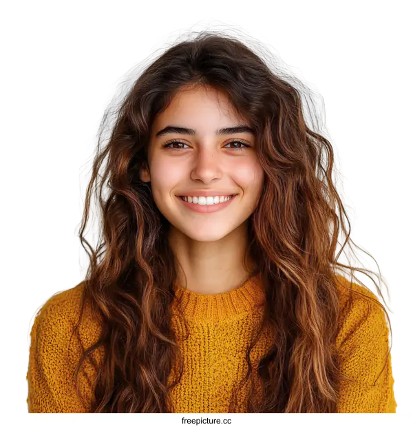 [Transparent Background PNG]Smiling Woman with Curly Hair in a Mustard Yellow Sweater