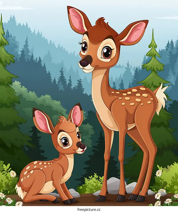 Cute Cartoon Deer Mom and Baby in Forest