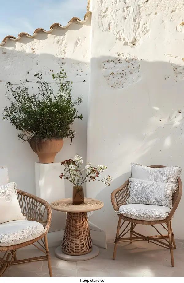 White Wall and Rattan Chairs in a Patio