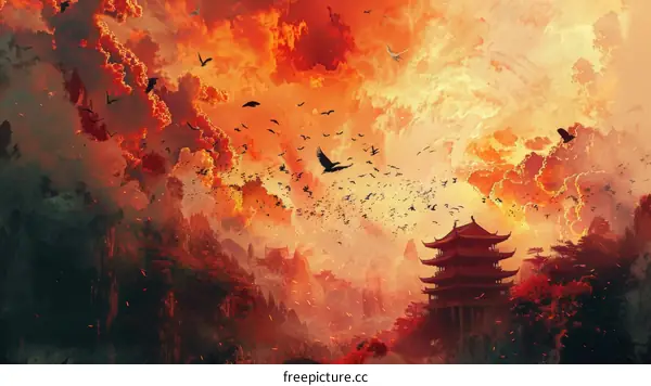 Oriental fantasy landscape with temple and flying crows