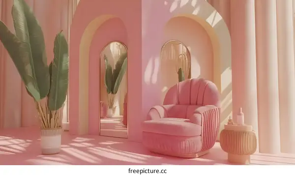 Pink Room Interior Design with Palm Plant and Archway