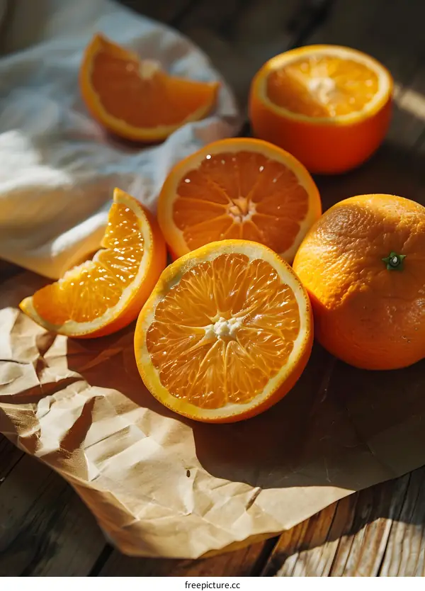 Freshly Cut Oranges on Brown Paper
