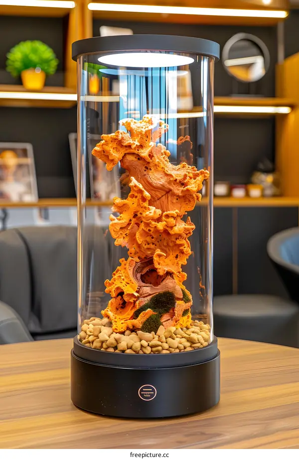 Glass Cylinder with Orange Coral Like Structure and Small Rocks
