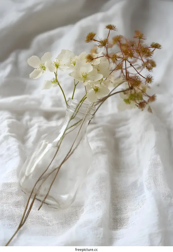 White Flowers in Glass Vase on White Fabric