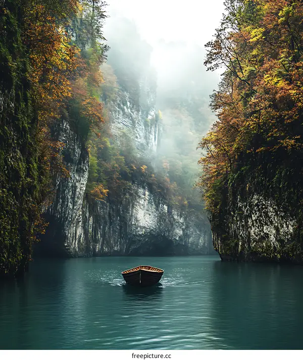 A Wooden Boat Floating on a Still Lake in a Mountain Canyon