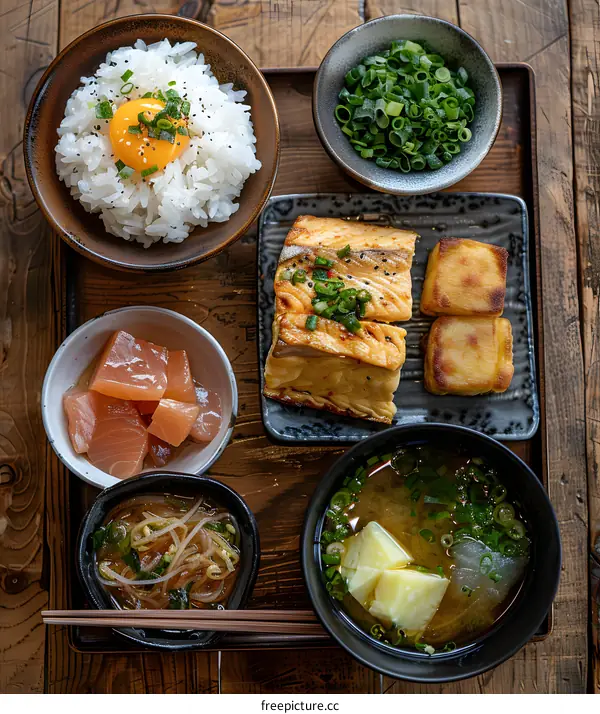 Japanese Cuisine: Delicious Food on a Wooden Tray