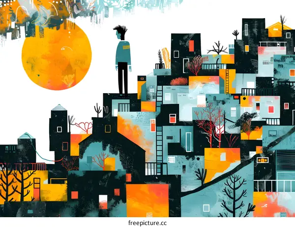 Abstract Cityscape with a Single Person on Rooftop