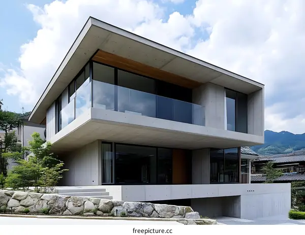 Modern Concrete House with Glass Balconies and Mountain View