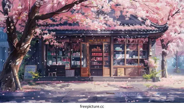 A Japanese Shop with Pink Cherry Blossoms