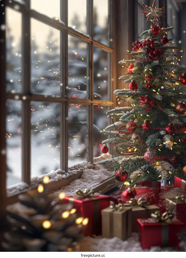 Christmas Tree Sitting in a Wintery Window with Presents and Snowflakes