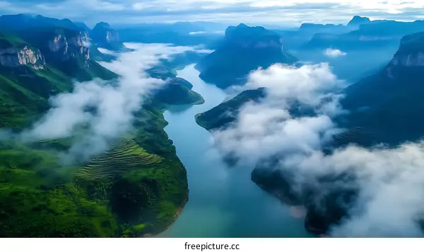 Misty River Valley Scenery in the Mountains