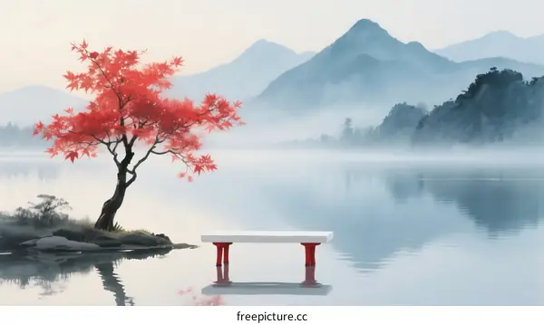 A serene lake with a red maple tree and a wooden bench by the water