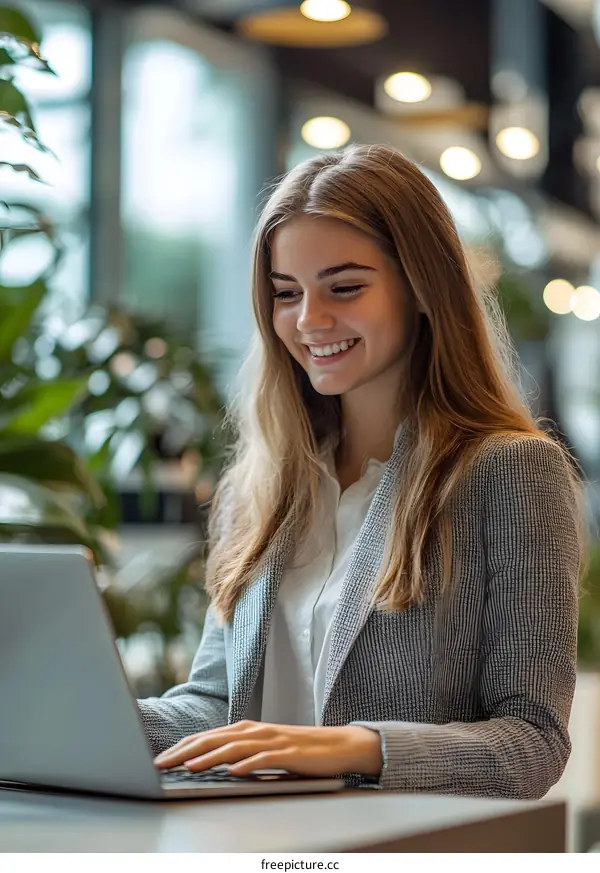 Smiling Woman Working On Laptop In Office