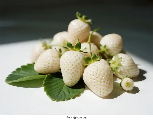 Fresh White Strawberries with Green Leaves on White Background