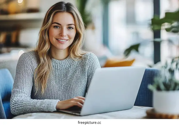 Woman Working on Laptop in Cafe
